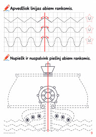 Grafomotorikos pratimai abiem rankomis – simetrijos ir linijų vedžiojimo užduotis (PDF)