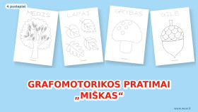Grafomotorikos pratimai „Miškas“ – 4 lavinamieji užduočių lapai vaikams (PDF)