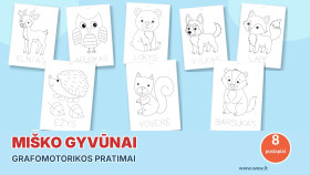 Grafomotorikos pratimai „Miško gyvūnai“ – 8 užduočių lapai vaikams (PDF)