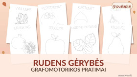 Grafomotorikos pratimai „Rudens gėrybės“ – 8 lavinamieji PDF lapai vaikams