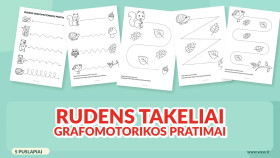 Grafomotorikos pratimai „Rudens takeliai“ – 5 užduočių lapai vaikams (PDF)