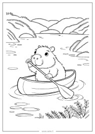 Kapibara plaukia valtimi – gyvūnų spalvinimo lapas vaikams (PDF)