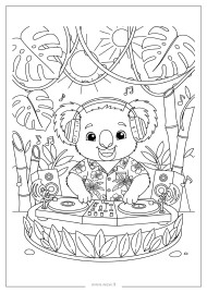 Koala didžėjus džiunglėse – muzikinis spalvinimo lapas vaikams (PDF)