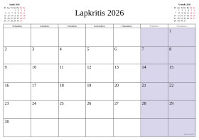 Lapkritis 2026 - kalendorius