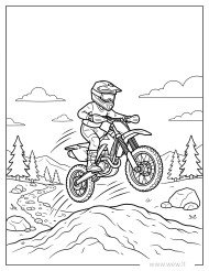 Motokroso motociklininkas kalnuose spalvinimo lapas vaikams