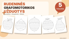 Rudeninės grafomotorikos užduotys vaikams – 5 PDF lapai su rudens gėrybėmis