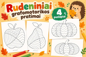 Rudeniniai grafomotorikos pratimai vaikams – obuolys, kriaušė ir moliūgai (4 PDF lapai)