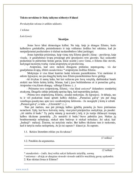 Teksto suvokimo ir žinių taikymo užduotys 8 klasei - PDF failas